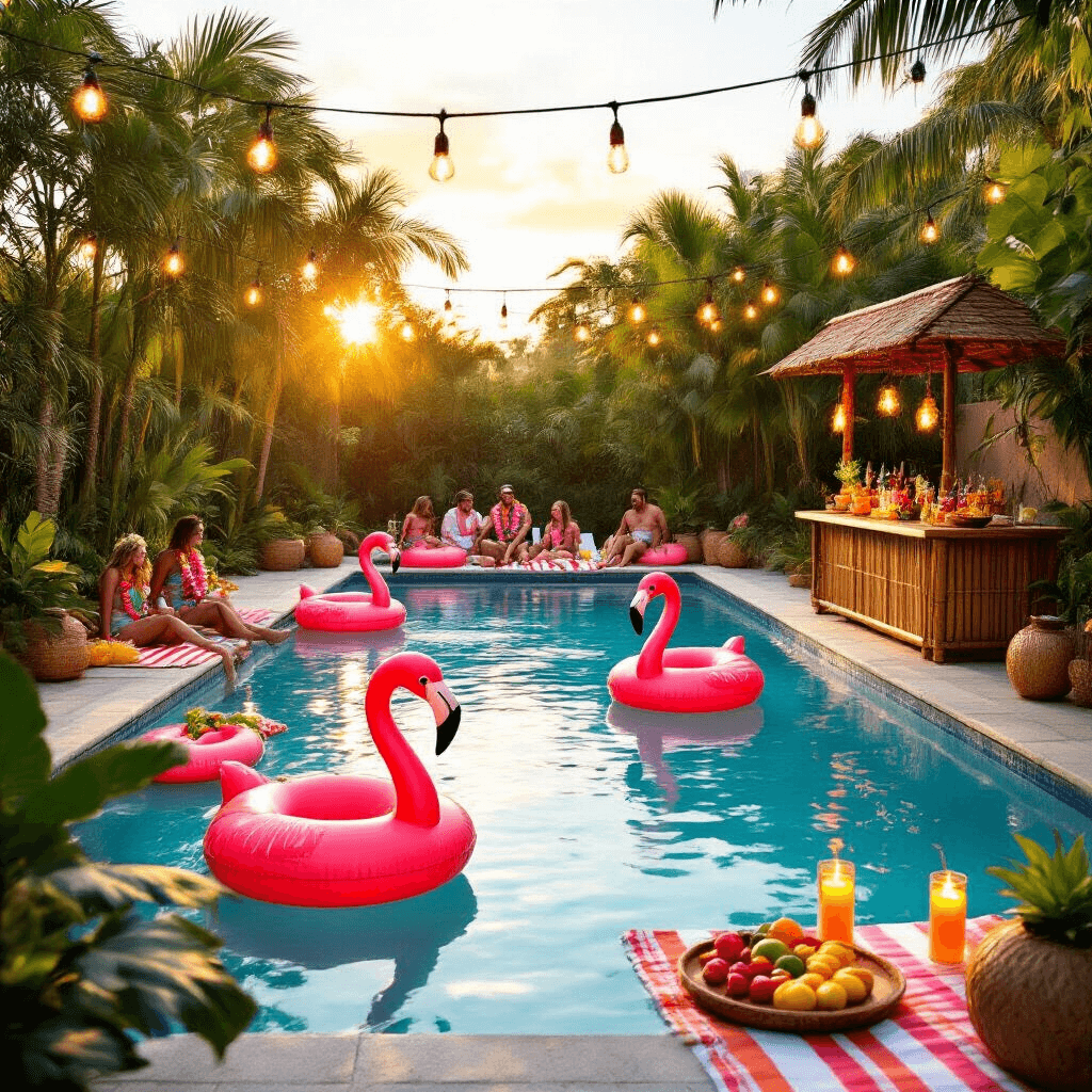 A vibrant luau-themed backyard pool party at golden hour, featuring inflatable flamingo floats, lush potted palms, flickering tiki torches, a bamboo bar with fruit skewers and coconut cocktails, and guests in tropical attire lounging on striped beach towels under glowing fairy lights.