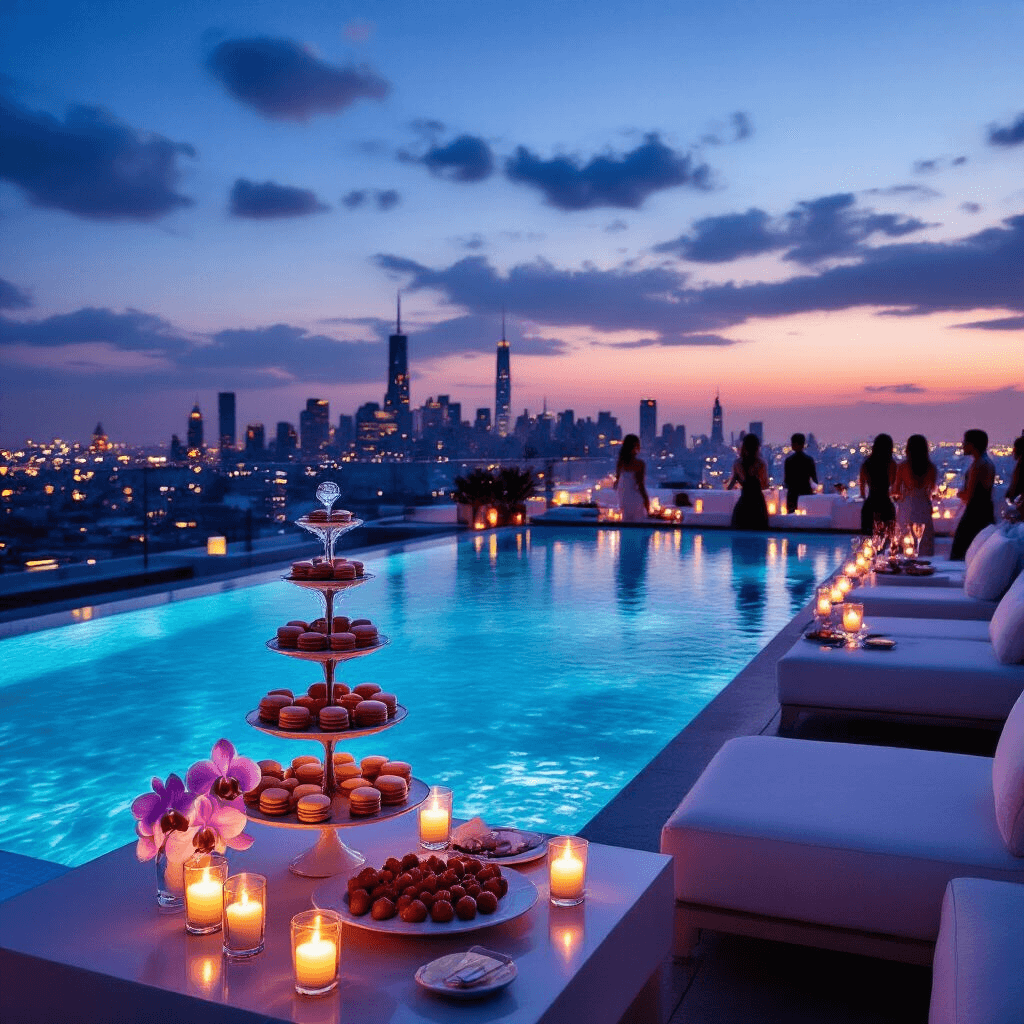 An elegant rooftop terrace pool party at dusk, featuring sleek white lounge furniture around an infinity pool reflecting twilight hues, with floating candles and orchids, a sparkling champagne tower, and guests in chic attire mingling.