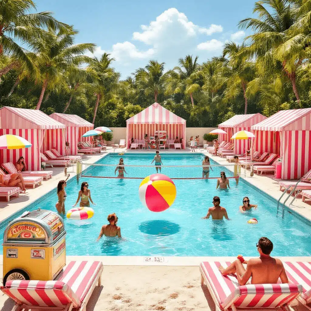 A lively retro beach club pool party with candy-striped cabanas, pastel loungers, guests enjoying inflatable beach balls and volleyball, oversized sunglasses, colorful umbrellas, a vintage ice cream cart, and a jukebox playing classic summer hits under the midday sun.