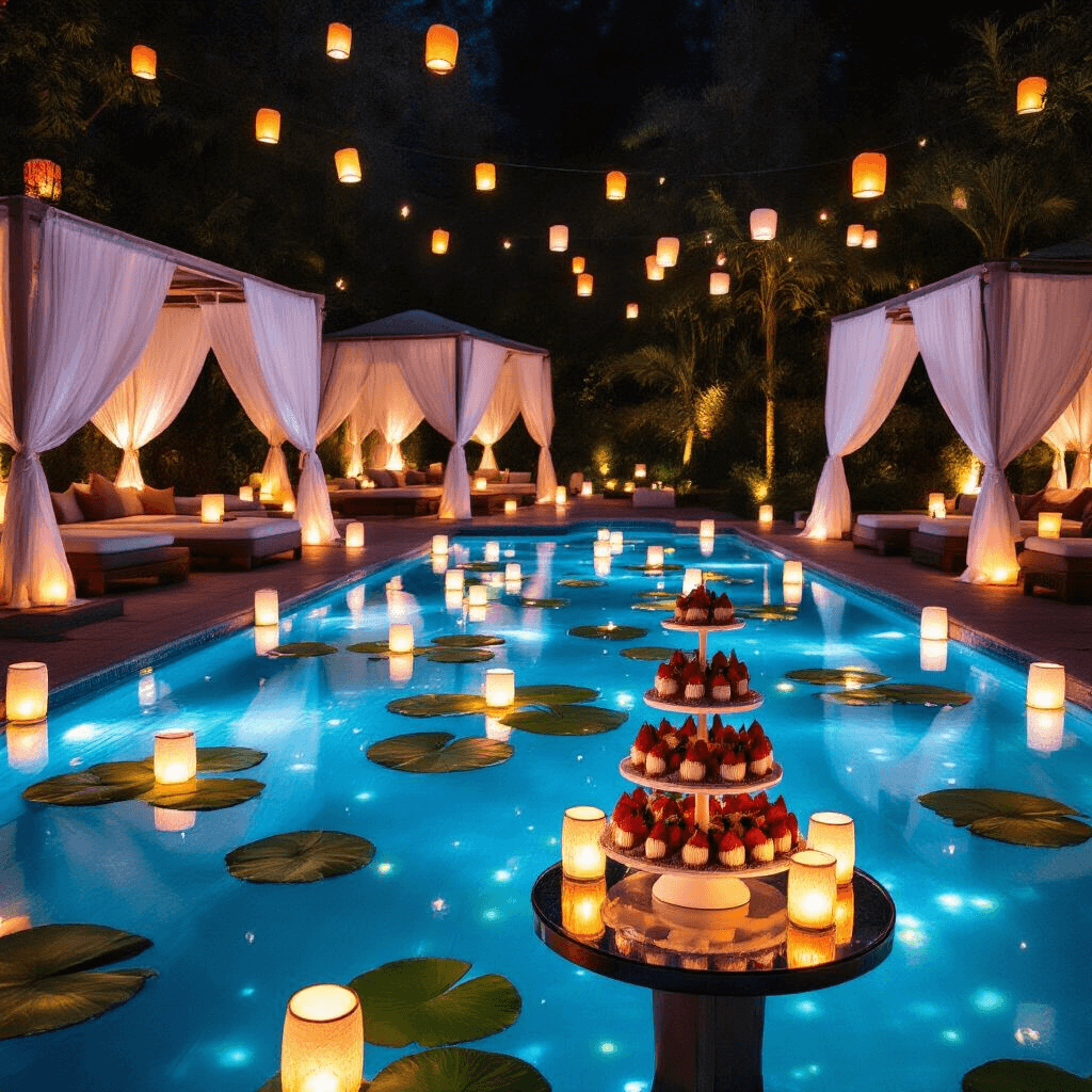 A magical nighttime pool party with glowing lanterns, floating lily pads with LED lights, low tables and plush cushions for conversation, gauzy curtains billowing from lit cabanas, and a dessert tower of chocolate-covered strawberries on a mirrored table.