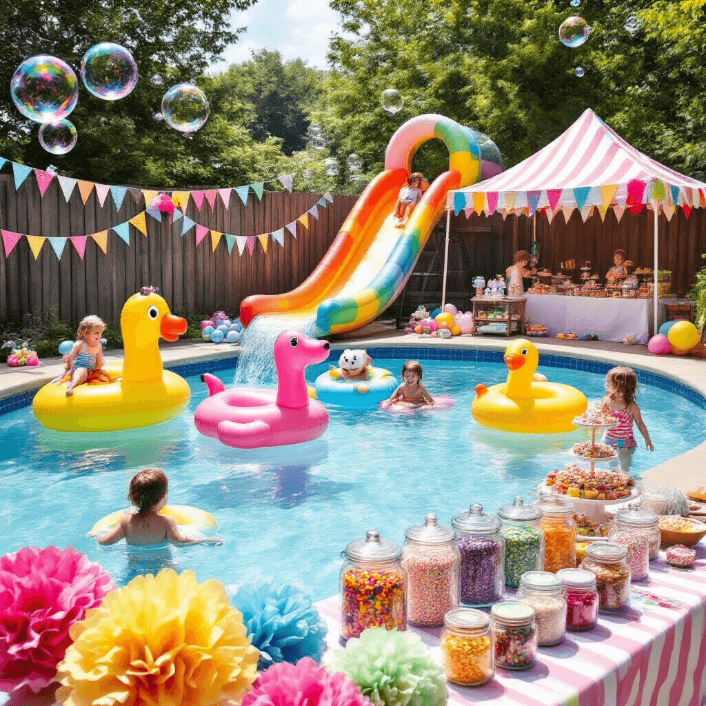 A vibrant children's pool party featuring a colorful pool filled with balloons and inflatable floats, a giant waterslide, laughing kids, a sundae bar with toppings, bunting and tissue paper flowers, a face-painting station, and a bubble machine creating floating bubbles.