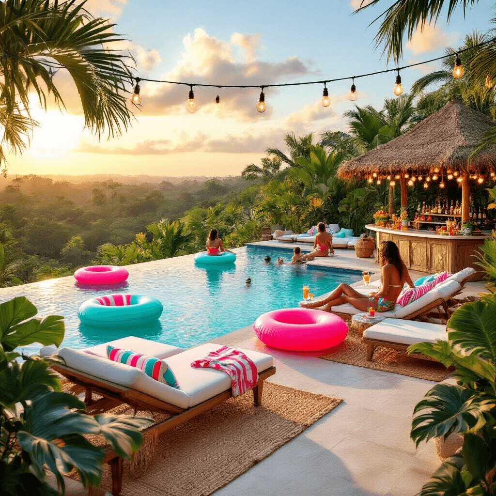 A luxurious infinity pool overlooks a lush tropical landscape at golden hour, featuring vibrant inflatables in crystal-clear water, plush loungers, a tiki bar with fairy lights, and guests in retro swimwear socializing amid palm fronds and string lights.