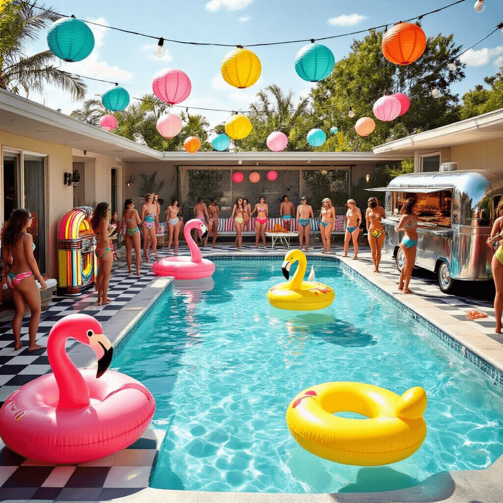 A vibrant retro pool party scene featuring a kidney-shaped pool surrounded by mid-century modern architecture, neon flamingo and pineapple floats, guests in vintage swimwear dancing on a checkered deck, striped cabanas, and a chrome food truck under festive string lights and paper lanterns.