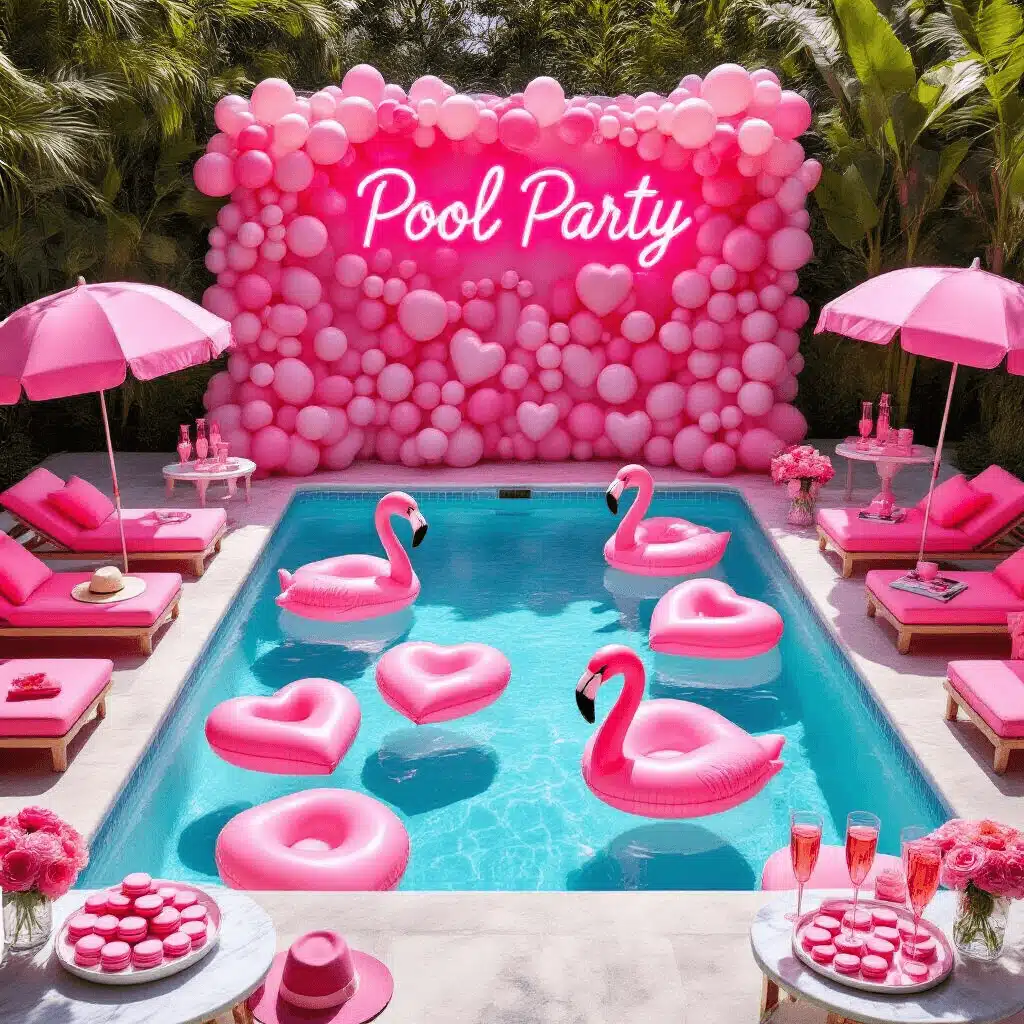 An overhead view of a pink-themed pool party featuring a rectangular pool filled with heart-shaped and flamingo floats, surrounded by blush loungers, bubblegum umbrellas, and magenta throw pillows. The backdrop includes a wall of pink balloons and a neon 'Pool Party' sign, while marble side tables hold trays of pink macarons and rosé flutes. Stylish vignettes with pink sunglasses, floppy hats, and glossy magazines complete the scene.