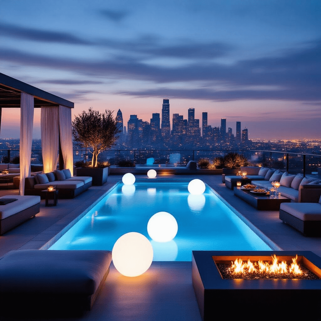 Intimate rooftop pool gathering at twilight, featuring a sleek illuminated pool, cozy lounge areas, modern fire pit, elegant hors d'oeuvres, and a twinkling city skyline in the background.