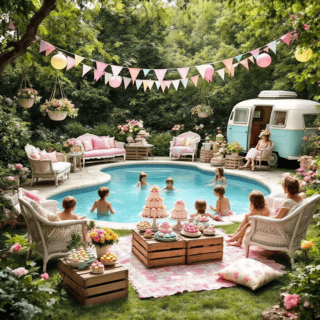 A vibrant garden pool party scene featuring a freeform pool surrounded by lush greenery, eclectic vintage furniture, a dessert cart with colorful macarons and cupcakes, children splashing in shallow water, adults lounging on Turkish towels, rustic crates with flowers, swinging basket chairs, and festive bunting and lanterns overhead, with a vintage camper photo booth adorned with props and floral decorations.