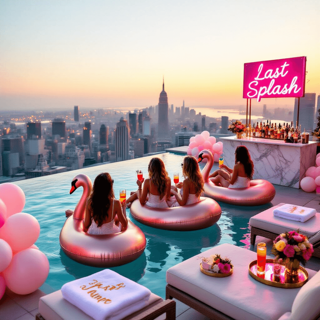 A luxurious rooftop infinity pool scene at golden hour, featuring a bride and her squad floating on rose gold inflatable swans, surrounded by pastel balloons and a glowing 'Last Splash' neon sign, with plush towels and a marble-topped bar cart showcasing colorful cocktails.