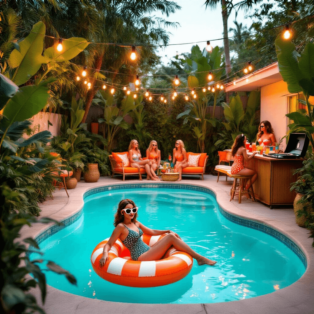 A lively retro poolside bachelorette scene featuring a bride in a polka dot swimsuit amidst lush tropical plants and mid-century modern furniture, with string lights overhead and guests enjoying drinks at a tiki bar.