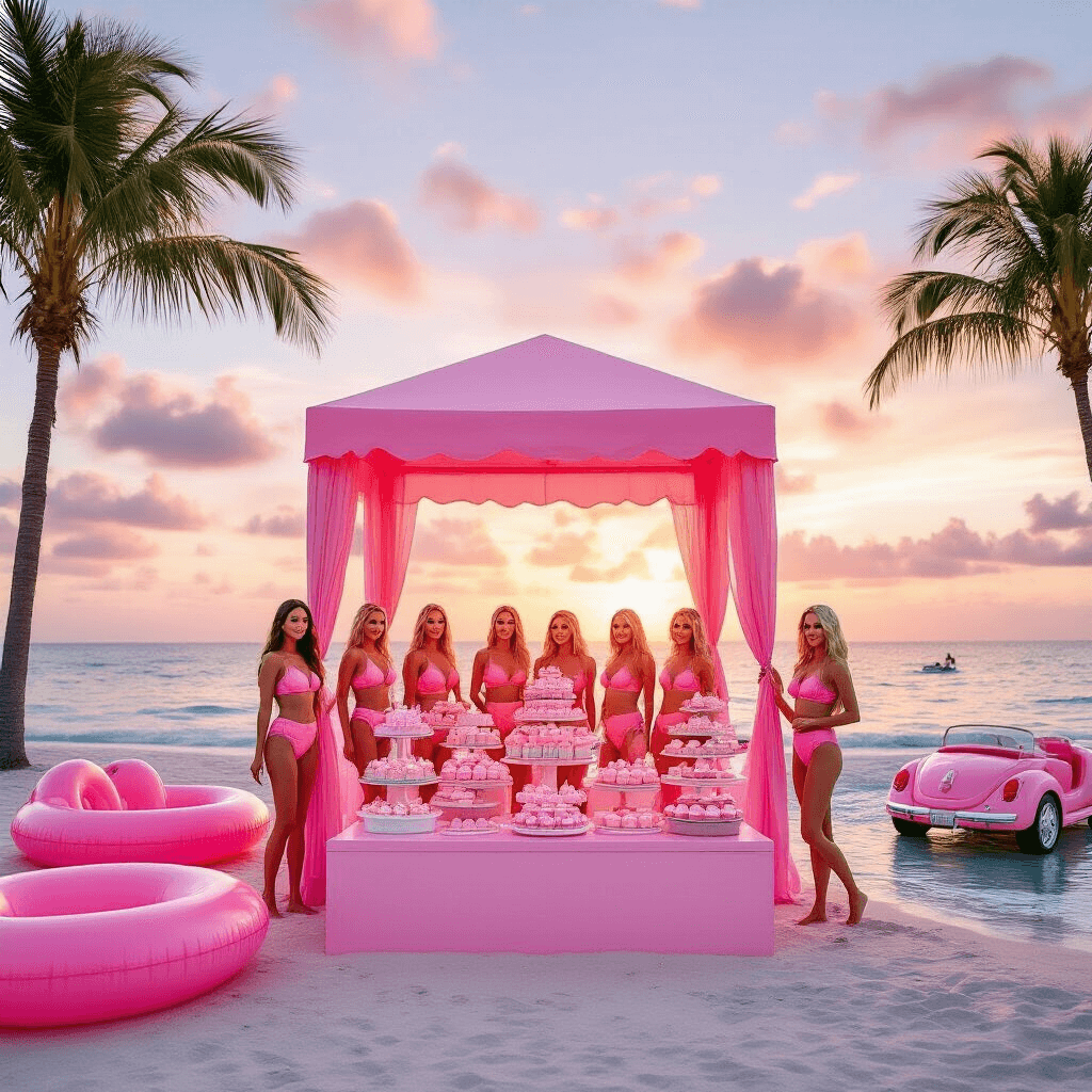 A whimsical sunset beach scene featuring a pink pop-up cabana with a dessert station adorned with pastel macarons and cupcakes. A bridal party in pink ombré swimsuits poses in front of a giant Barbie box frame, surrounded by swaying palm trees and inflatable pink convertibles in the gentle waves. The sky displays vibrant shades of pink and orange in a dreamy atmosphere.