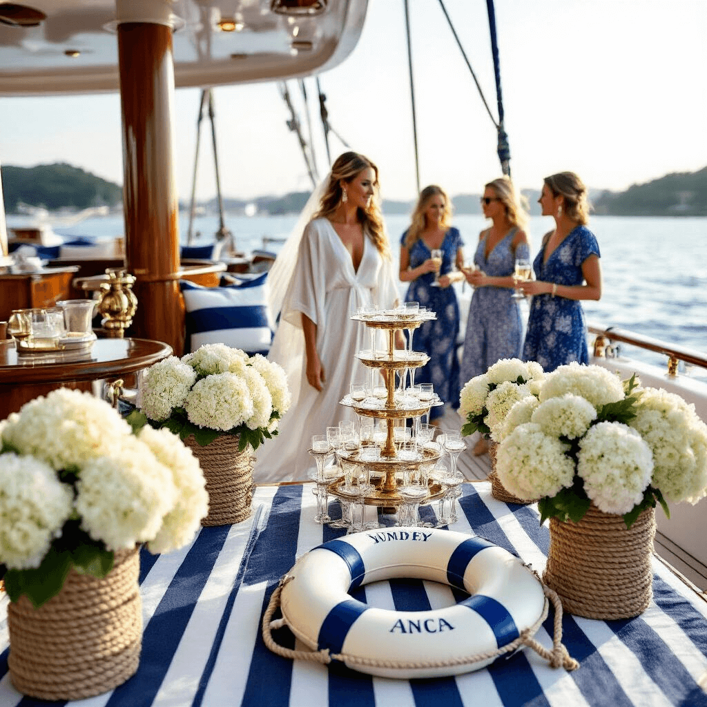 An elegant nautical bachelorette party aboard a luxury yacht featuring the bride in a flowing white caftan at the helm, surrounded by bridesmaids in blue and white outfits, with navy and white striped linens, brass accents, hydrangeas, a sparkling champagne tower, and a custom life preserver decor.