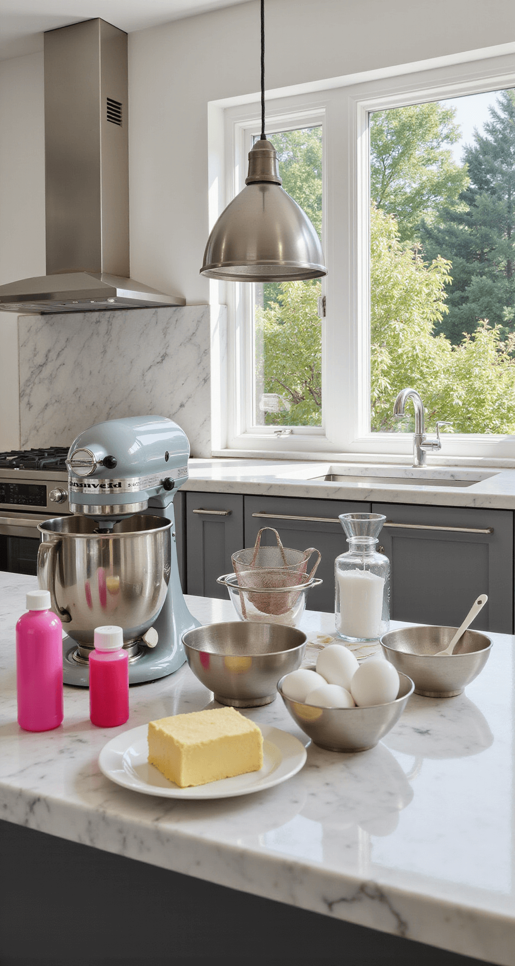 A bright modern kitchen workspace with stainless steel appliances, showcasing baking ingredients like pink food coloring, measuring cups, and a stand mixer, with fresh eggs and butter on a marble countertop, and cake pans ready for use.