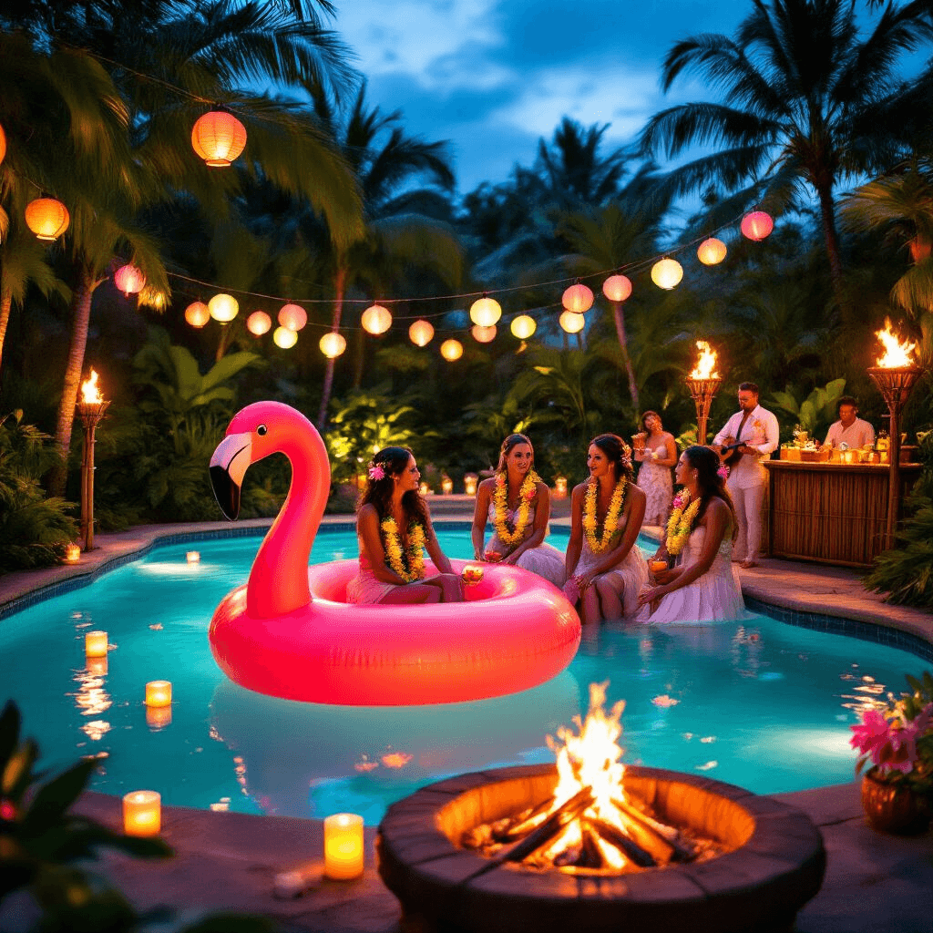 A vibrant tropical luau pool party at night, featuring tiki torches, paper lanterns, a large flamingo float in the pool, and a bridal party with flower leis around a fire pit. A ukulele player near a bamboo bar serves pineapple cocktails, all illuminated in warm glowing light against a twilight backdrop.