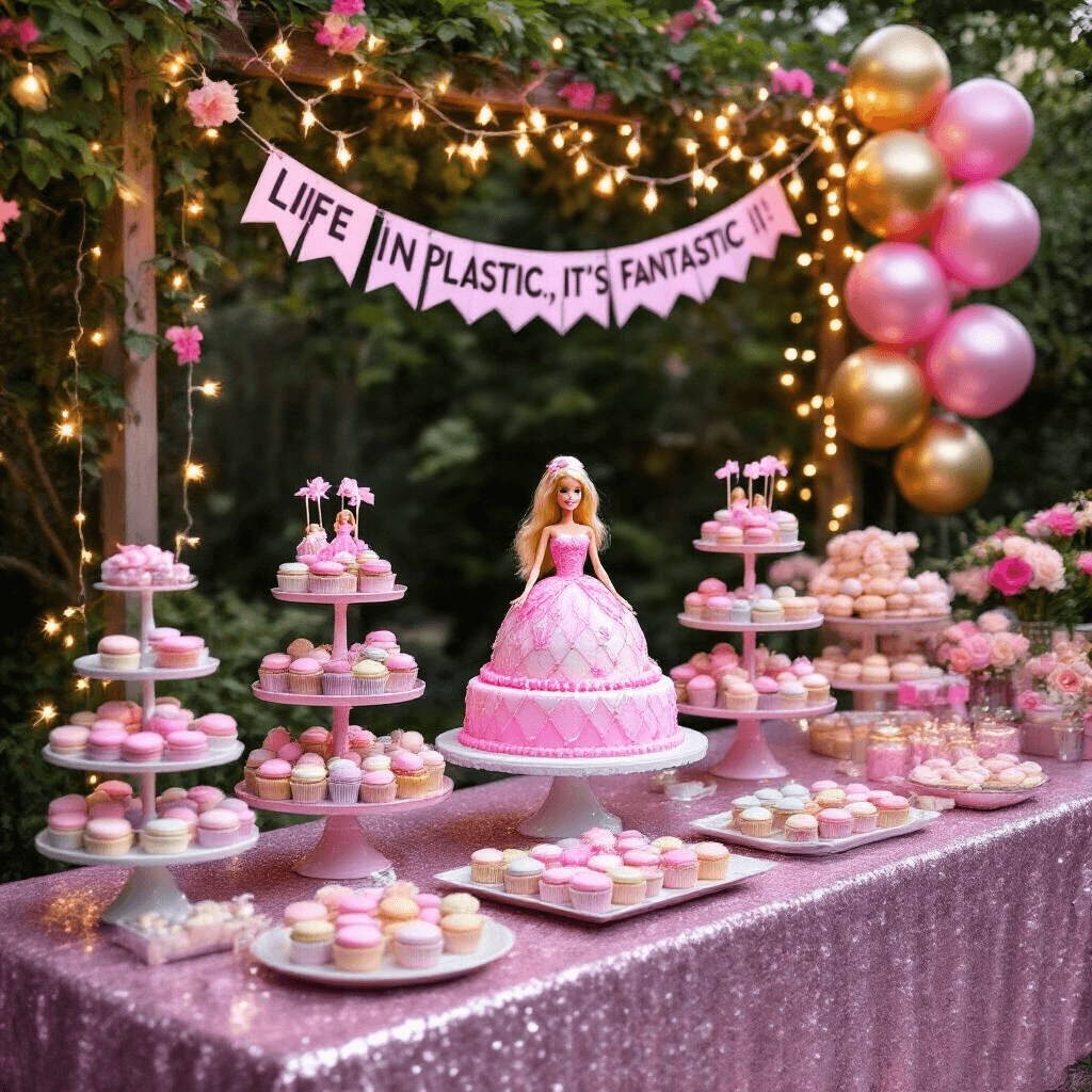 An enchanting Barbie-themed dessert table in a backyard setting, featuring a sequined pink tablecloth, tiered cake stands filled with pastel macarons, doll-topped cupcakes, and a Barbie doll cake centerpiece, all under twinkling fairy lights, with metallic balloons and a floral trellis banner in the background.