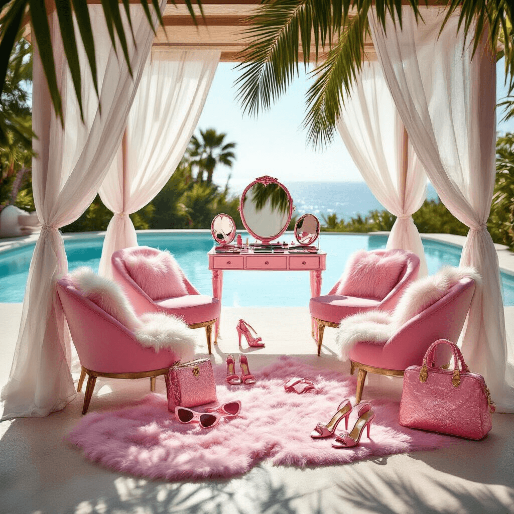 A vibrant poolside scene featuring a dreamy cabana with sheer white curtains, a vintage vanity with a heart-shaped mirror, and themed Barbie makeup, surrounded by pink velvet lounge chairs with faux fur throws. Oversized Barbie accessories like sunglasses and high heels are in the foreground, framed by palm fronds casting shadows in the late afternoon sun, all set against a sparkling pool backdrop.