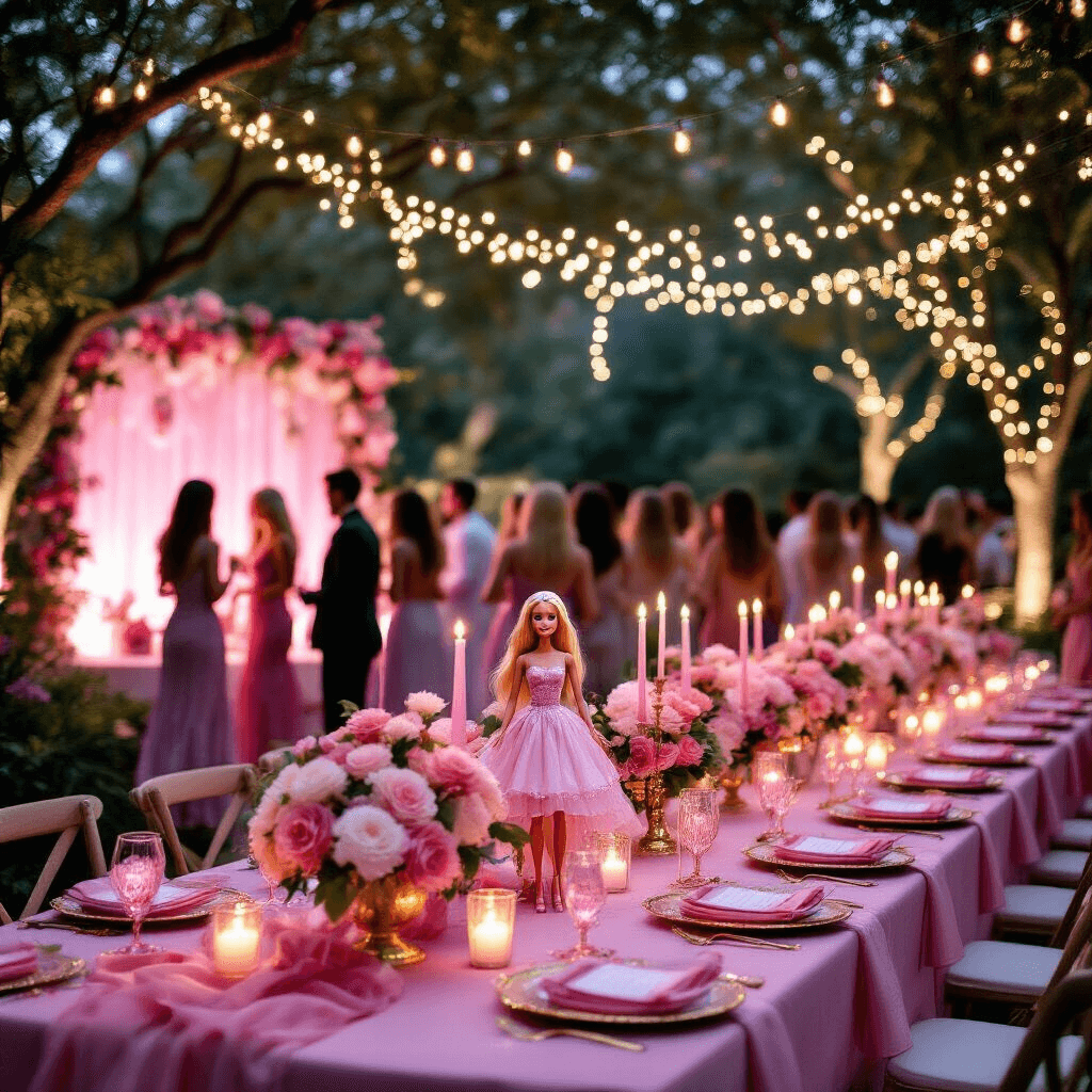 An enchanting twilight garden scene with blush pink tables, gold accents, and candlelight in Barbie-pink holders. Miniature Barbie dolls nestle in cascading pink and white flowers as fairy lights twinkle above. Guests in cocktail attire mingle amidst a glittery pink photo booth backdrop and Barbie-inspired props, creating a lively atmosphere.