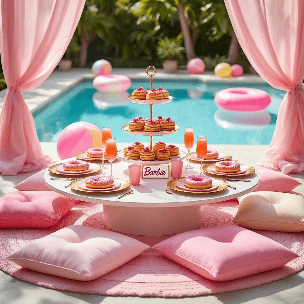 A whimsical poolside brunch setup inspired by Barbie, featuring a low table with gold-rimmed plates and personalized nameplates, surrounded by pink floor cushions. A tiered stand displays pink breakfast treats, while oversized beach balls and pool floats complement the scene, all illuminated by soft morning light through pink drapery.
