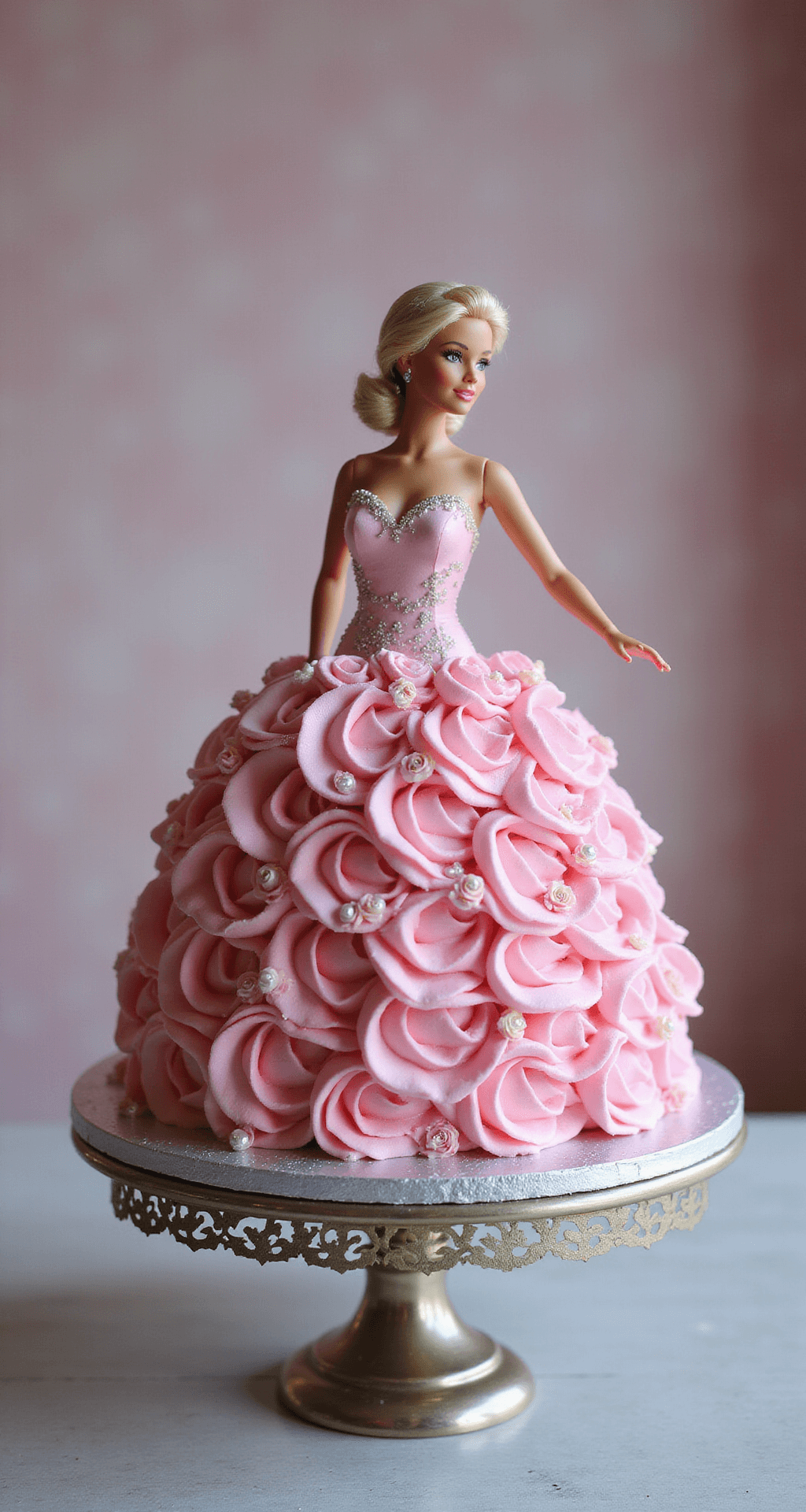 A beautifully decorated Barbie cake on a silver cake stand, featuring pink buttercream ruffles, a Barbie doll on top, piped rosettes, edible pearls, and subtle edible glitter, all illuminated by studio lighting against a soft party backdrop.