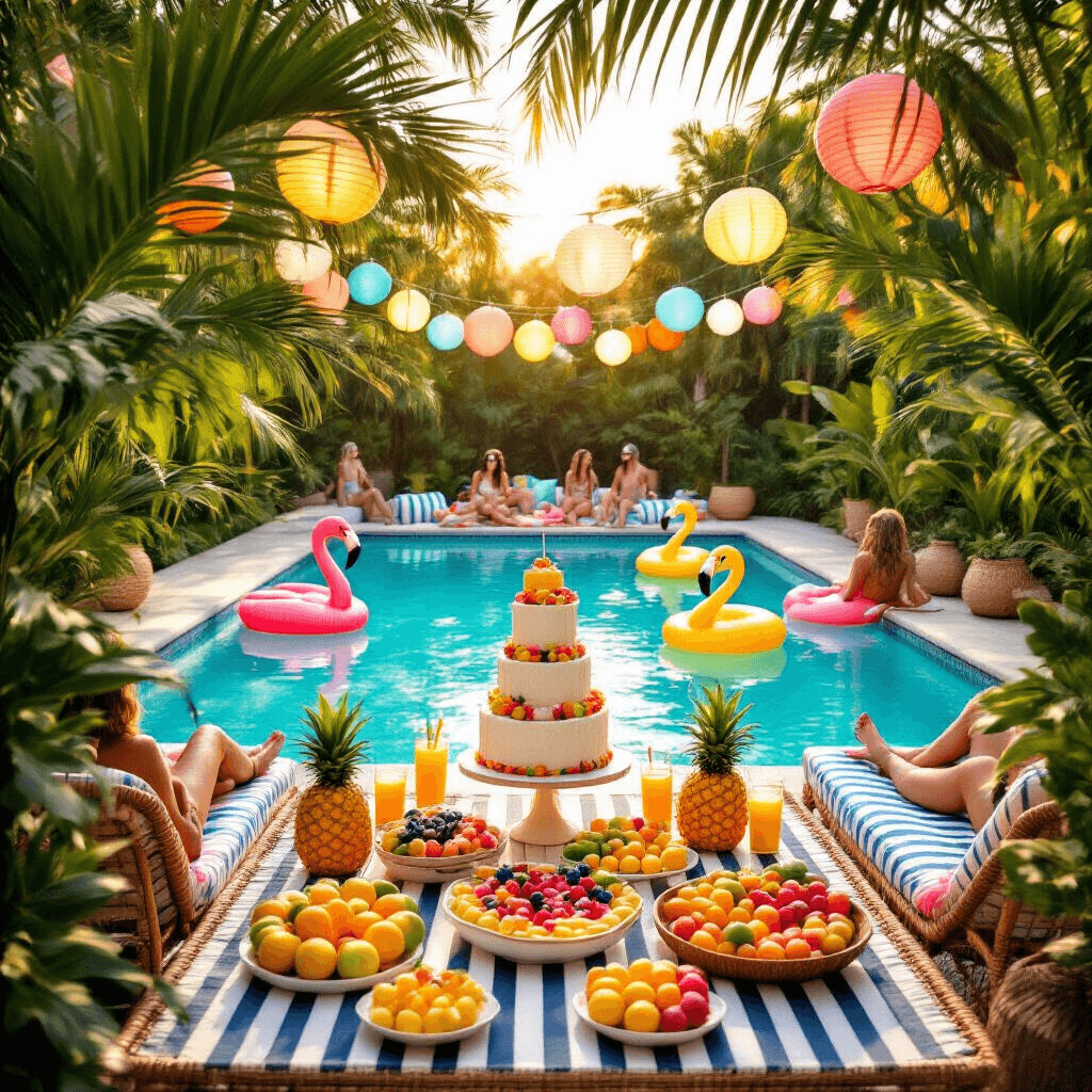A sunlit backyard pool party featuring a turquoise pool with inflatable flamingos and pineapples, surrounded by palm fronds. A dessert table with a tiered coconut cake and colorful fruit platters is prominent, while guests relax on striped beach towels and rattan furniture, sipping from coconut shells beneath glowing paper lanterns.