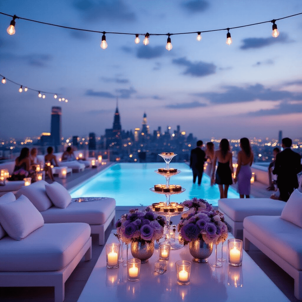 Intimate rooftop pool party at twilight with fairy lights, a sleek infinity pool reflecting the skyline, minimalist lounge chairs, a champagne tower, and elegantly dressed guests mingling against a dusky sky.