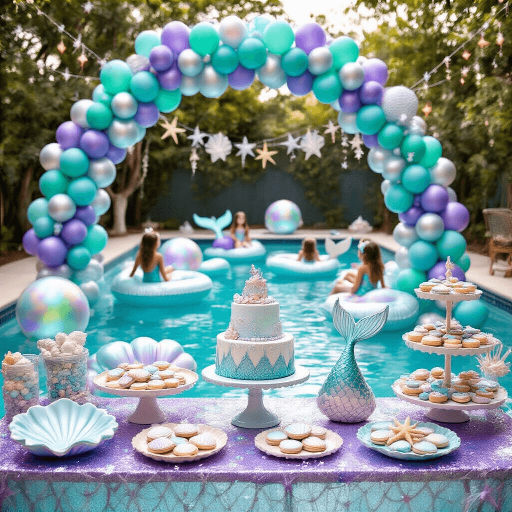 A whimsical mermaid-themed pool party featuring a vibrant balloon arch, clamshell floats, ocean-inspired desserts, and young guests in colorful mermaid tails, viewed from a low angle near the water's edge.