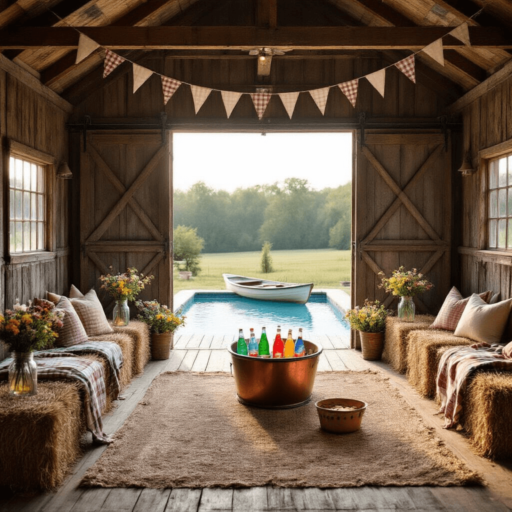 A rustic-chic pool party set in a converted barn with wide open doors, featuring a sparkling pool, weathered wood decking, mason jars of wildflowers, gingham bunting, a vintage rowboat drink cooler, hay bale seating with quilts, and a cozy s'mores station with a copper fire pit.