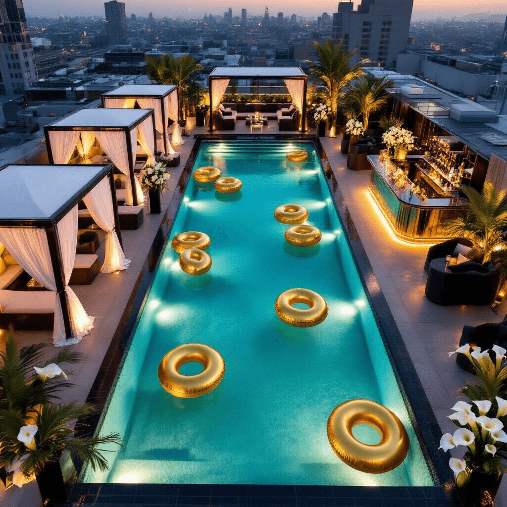 Aerial view of a luxurious hotel rooftop pool party with geometric black and white tiled pool, gold inflatables, sleek cabanas, mirrored bar, and elegant floral arrangements, all illuminated by warm uplighting at twilight.