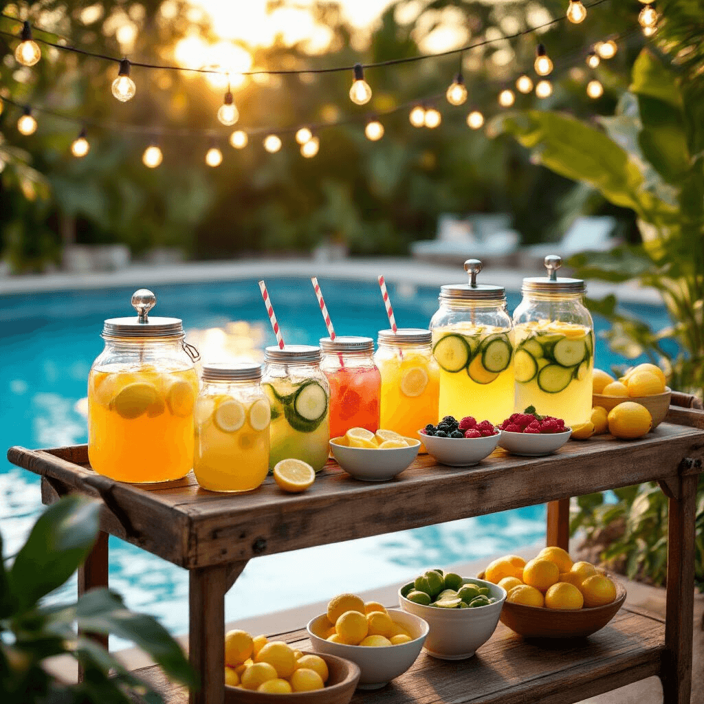 Top Pool Party Food Ideas: Your Ultimate Guide to Crowd-Pleasing Eats A vibrant poolside scene at golden hour featuring a rustic wooden bar cart with colorful glass dispensers of lemonade, spritzers, and cucumber-infused water, surrounded by mason jars with striped straws, citrus slices, and berries, all illuminated by overhead fairy lights with a glistening pool in the background and tropical plants framing the edges.