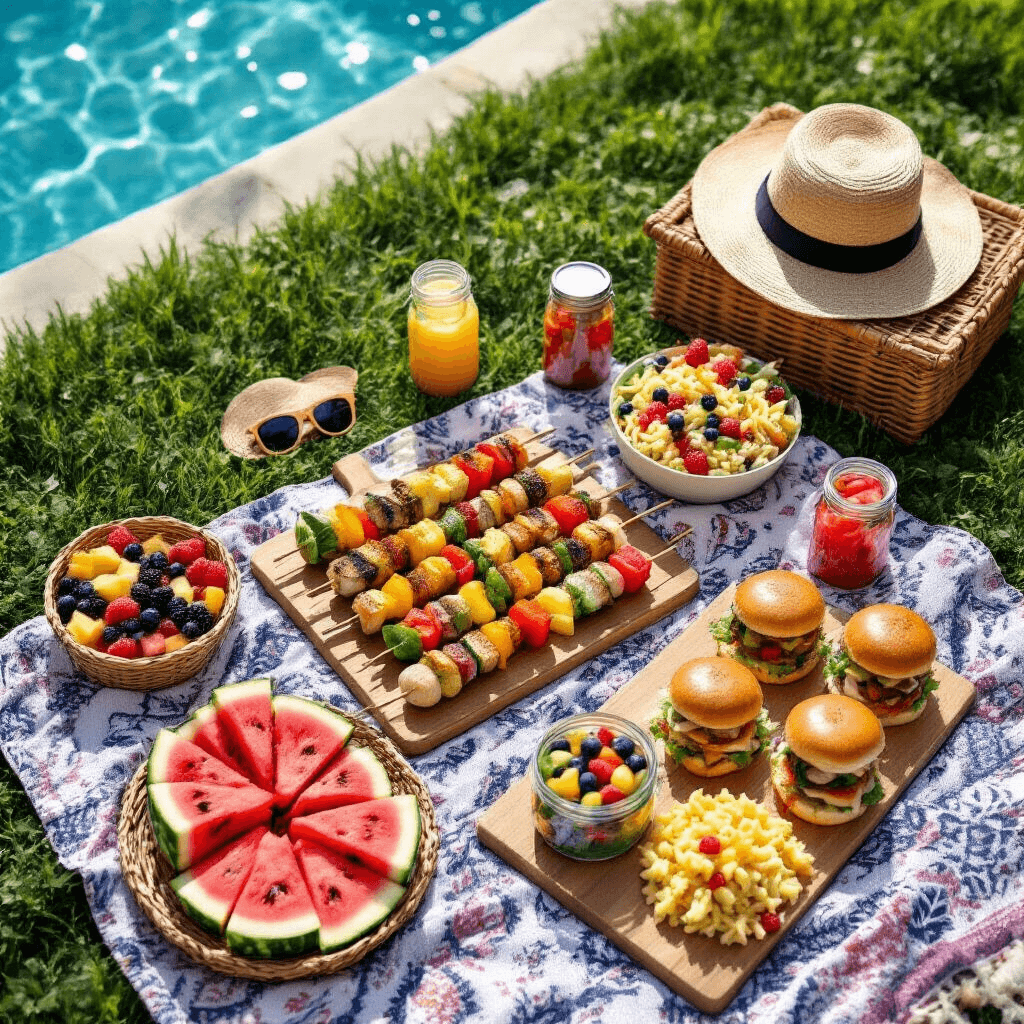 Top Pool Party Food Ideas: Your Ultimate Guide to Crowd-Pleasing Eats An overhead flat lay of a colorful picnic setup on green grass near a pool, featuring a Turkish towel, grilled skewers, sliders, pasta salads in mason jars, fruit platters, wicker baskets, sunglasses, and a straw hat, all highlighted by soft lighting.