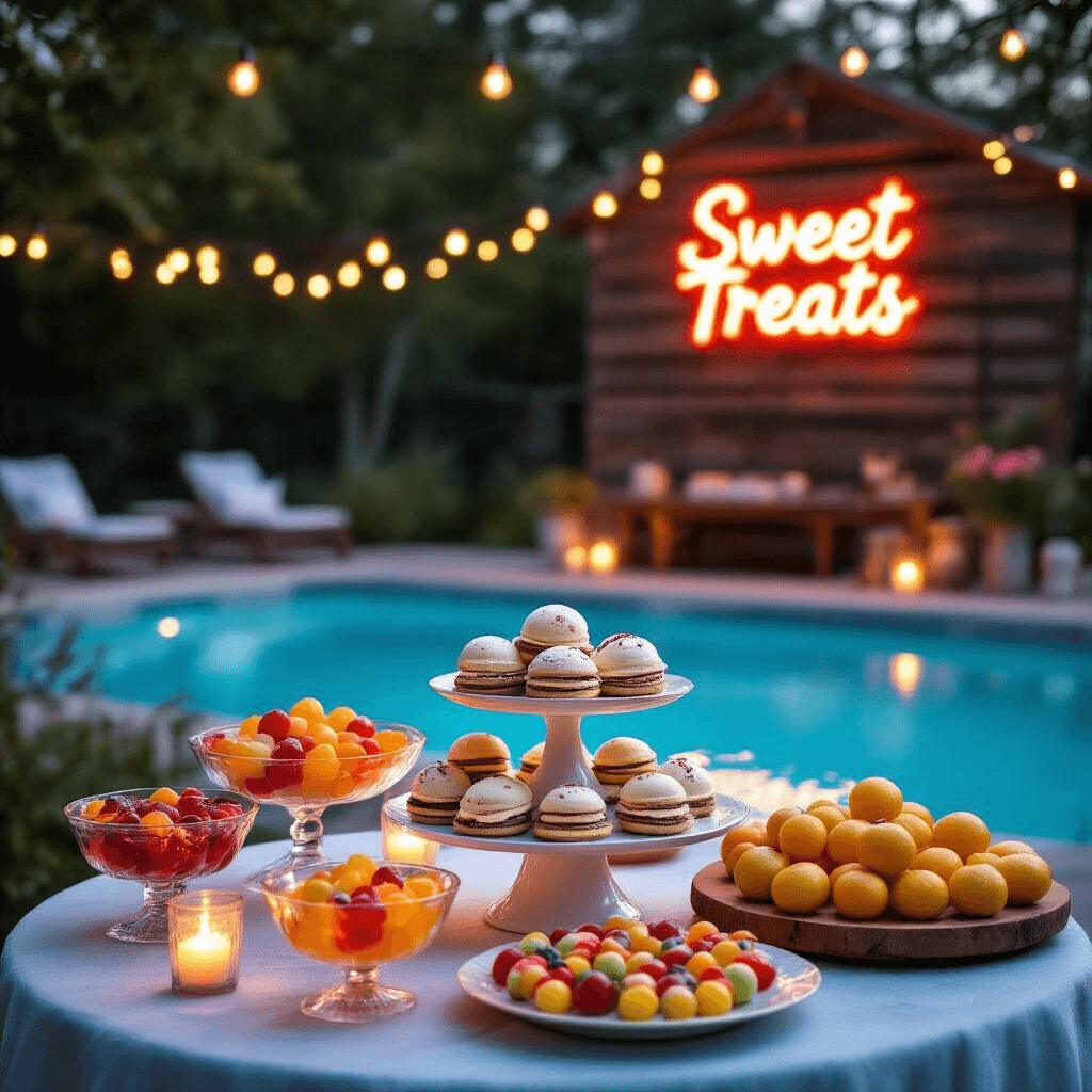 Top Pool Party Food Ideas: Your Ultimate Guide to Crowd-Pleasing Eats A dessert table at dusk featuring a tiered stand of homemade ice cream sandwiches, surrounded by colorful jelly cups and fruit kabobs, all illuminated by warm string lights and candles, with a rustic backdrop and a 'Sweet Treats' neon sign.