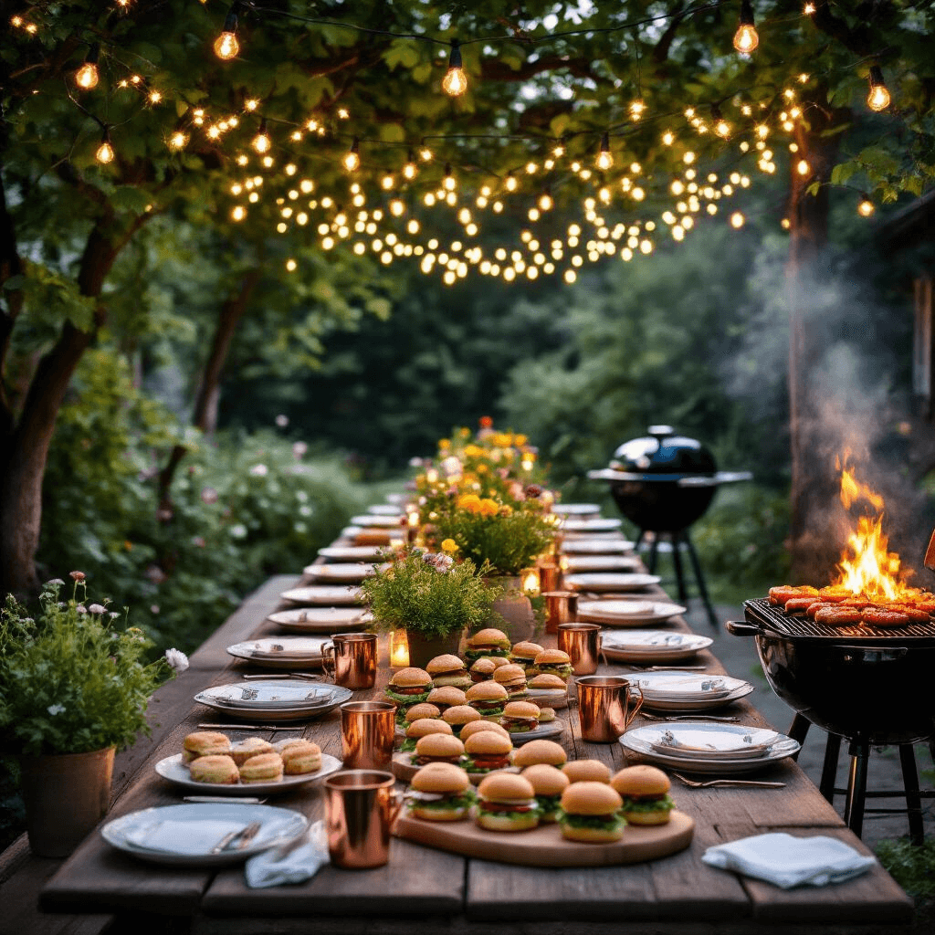 Top Pool Party Food Ideas: Your Ultimate Guide to Crowd-Pleasing Eats An intimate garden party at twilight with a long farmhouse table featuring sliders and mini sandwiches, surrounded by fairy lights and greenery. Mismatched vintage plates and copper mugs adorn the table, while a BBQ grill showcases sizzling skewers nearby. Potted herbs and wildflowers in mason jars serve as centerpieces.