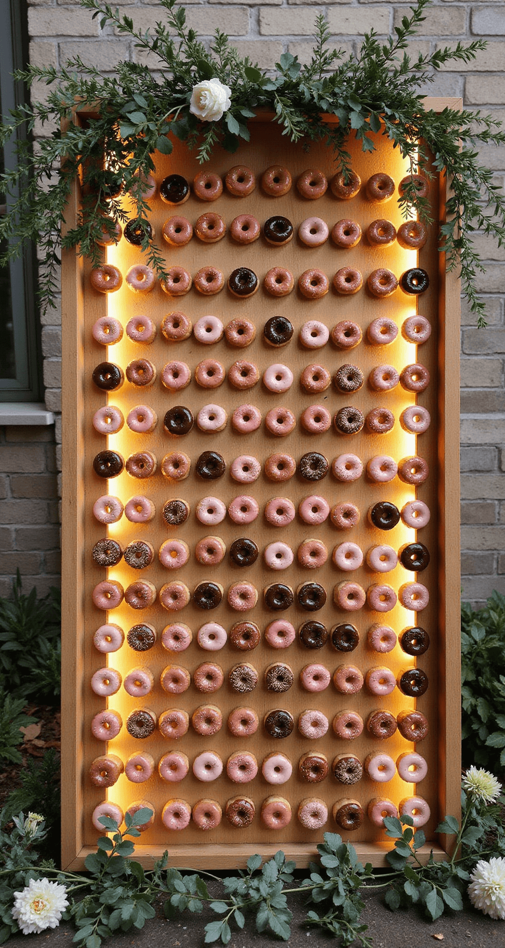 A wooden wall display featuring rows of artisanal donuts in various glazes, framed by fresh flowers and eucalyptus, illuminated by golden ambient lighting.
