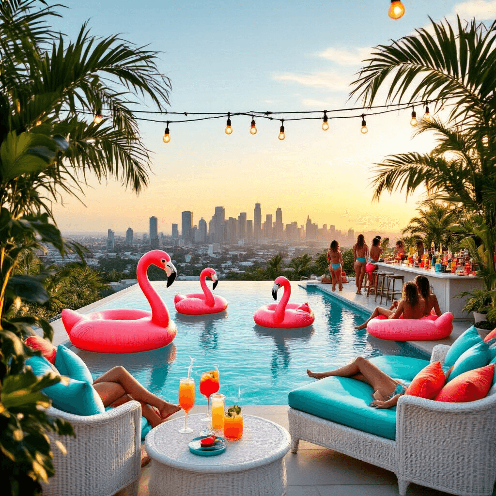 A vibrant backyard pool party at golden hour featuring a luxurious infinity pool with a city skyline view, decorated with tropical accents, oversized flamingo floats, fairy lights, and a tiki bar serving colorful cocktails, while stylish guests mingle around white wicker furniture with turquoise cushions.
