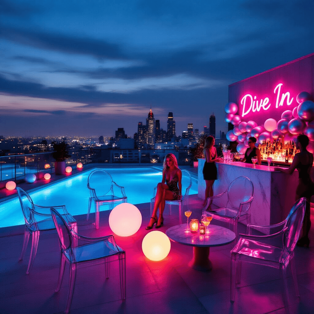 A chic urban rooftop terrace at twilight featuring a modern pool illuminated by electric blue lighting, surrounded by transparent ghost chairs and glowing cocktail tables. A neon sign reading 'Dive In' adds a pink glow, while stylish guests pose near a photo wall of metallic balloons. A bartender prepares bespoke drinks at a marble bar, with city lights twinkling in the background.