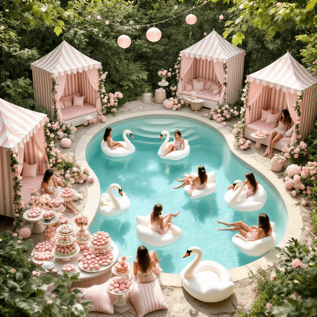 A whimsical garden pool party featuring a kidney-shaped pool surrounded by lush greenery, pastel-colored floral garlands draping across the water, vintage striped cabanas, a dessert cart filled with macarons and cupcakes, guests on swan floats enjoying cocktails, and delicate paper lanterns swaying in the morning light.