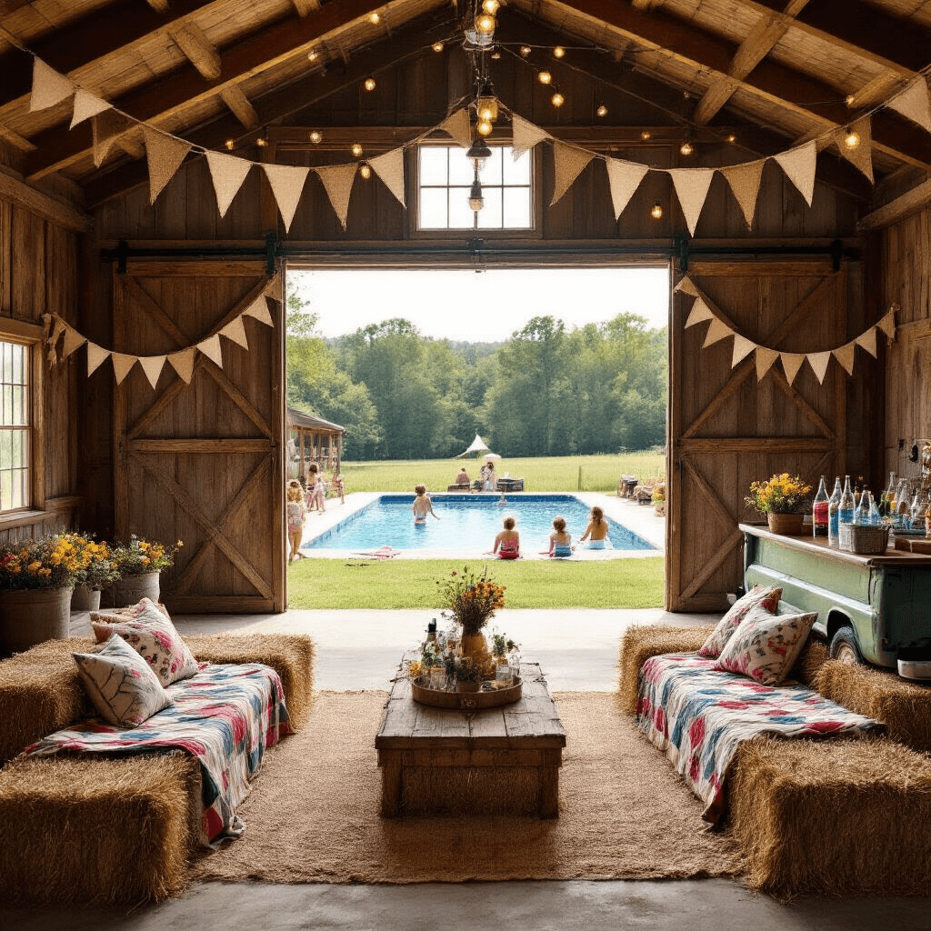 Wide-angle view of a rustic-chic barn pool party at midday, featuring exposed wooden beams, large sliding doors opening to a sparkling pool, farmhouse decor with burlap bunting and wildflower centerpieces, hay bale seating with quilts, a vintage truck bed beverage station, and guests enjoying lawn games in a nostalgic summer setting.