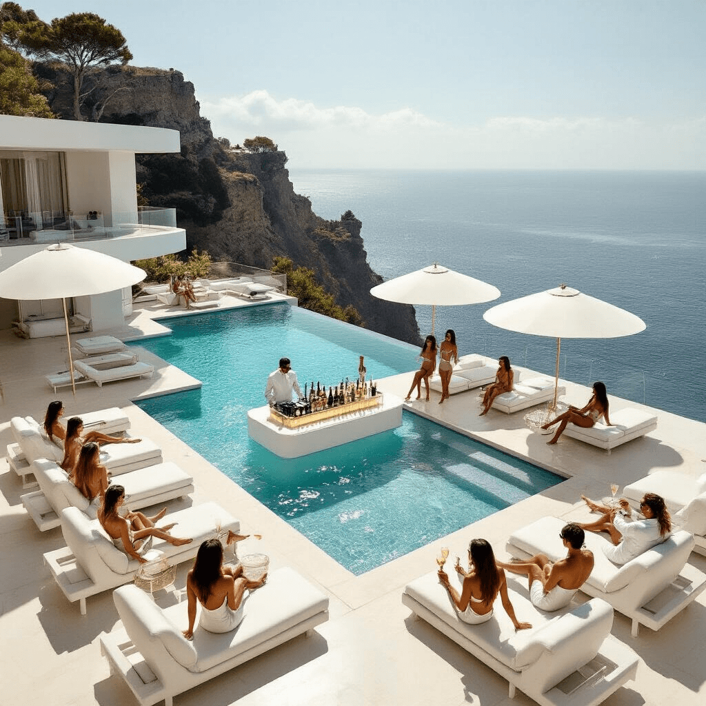 A luxurious minimalist pool party at a modern cliffside villa, featuring an infinity edge pool blending with ocean views, sleek lounge chairs, a floating champagne bar, and guests in designer swimwear against a stunning backdrop.