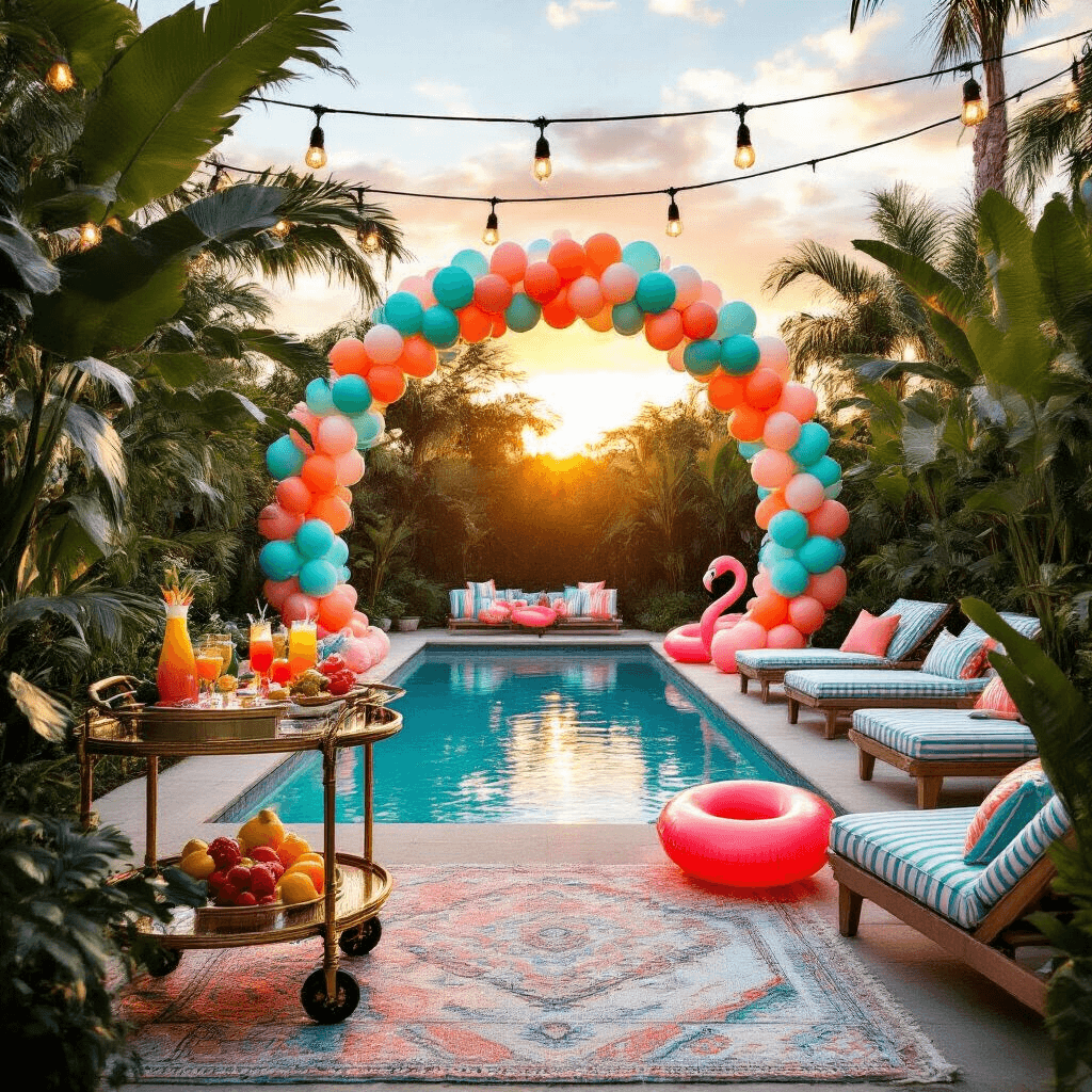 A sunlit poolside scene featuring a balloon arch in aqua, coral, and gold, surrounded by tropical plants, string lights, a stylish bar cart with cocktails, plush lounge chairs, and colorful floats, all reflecting the warm sunset hues.