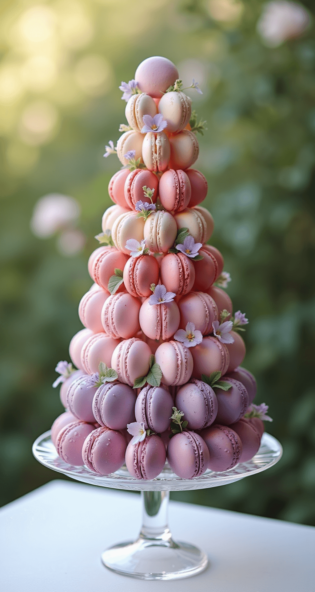 A crystal display stand showcases a spiral arrangement of elegant French macarons in ombré pastel shades, adorned with fresh edible flowers and silver leaf, glistening in soft afternoon light.