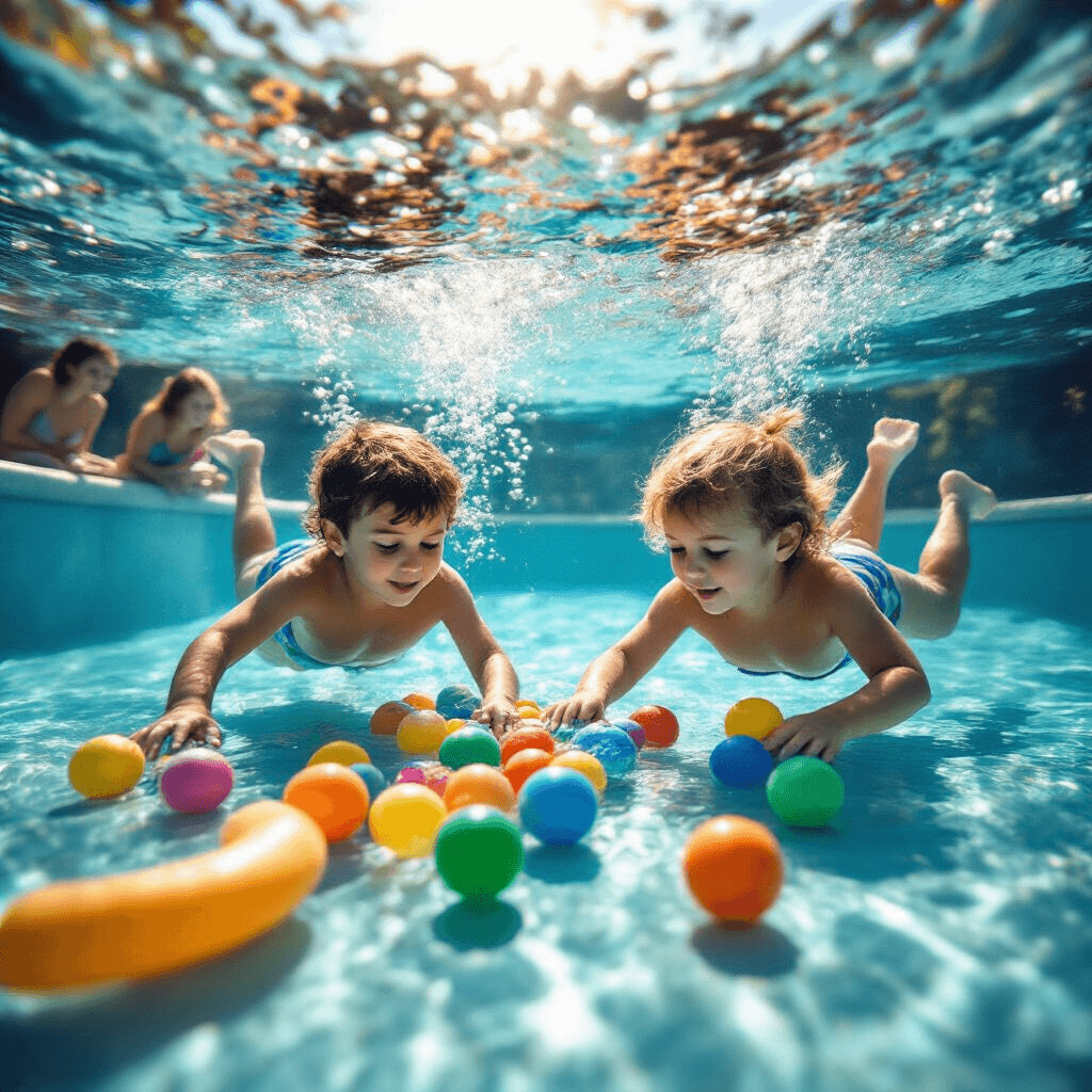 Close-up of children diving in a crystal-clear pool, searching for colorful objects on the bottom, with bubbles rising and sunlight creating patterns underwater, while floating pool toys and parents watch from the edge.