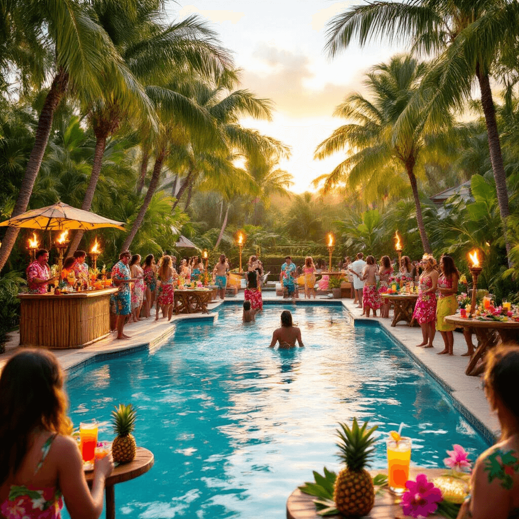 A lively tropical pool party at golden hour, featuring a crystal-clear pool, palm trees, and tiki torches. Guests in colorful Hawaiian attire enjoy fresh pineapples and cocktails at bamboo tables. A limbo contest takes place in the foreground, with cheerful attendees trying to pass under a flower-decorated pole. Soft warm lighting casts a golden glow over the scene.