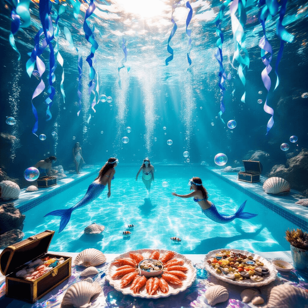 An overhead view of an Olympic-sized pool decorated with shimmering blue streamers and iridescent bubbles, featuring treasure chests and seashells on the bottom. Guests wearing mermaid tails and snorkel gear dive for prizes, while a seafood feast on mother-of-pearl platters sits poolside. Sunlight sparkles on the water, enhancing the magical underwater atmosphere.