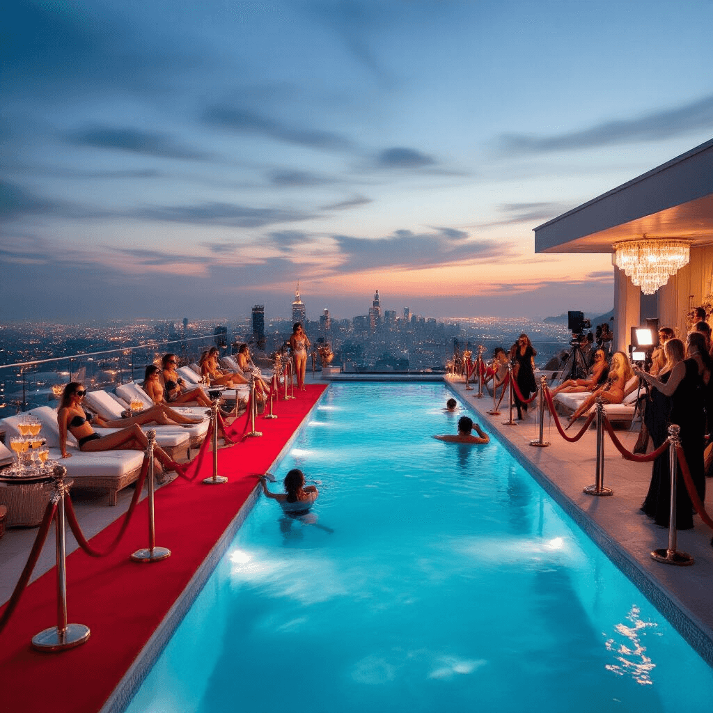 A glamorous twilight rooftop pool party featuring an infinity pool with city lights, a red carpet, guests in designer swimwear, champagne towers, and a photo booth for capturing celebrity-like moments.