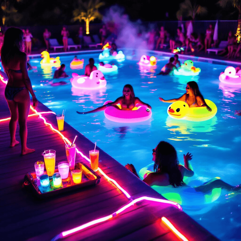 A vibrant neon pool party at night, featuring glowing water at the pool's edge, colorful LED-lit deck, partygoers in fluorescent swimwear on luminous inflatable animals, and trays of smoky cocktails, all illuminated by glow sticks and light-up accessories against a dark sky.