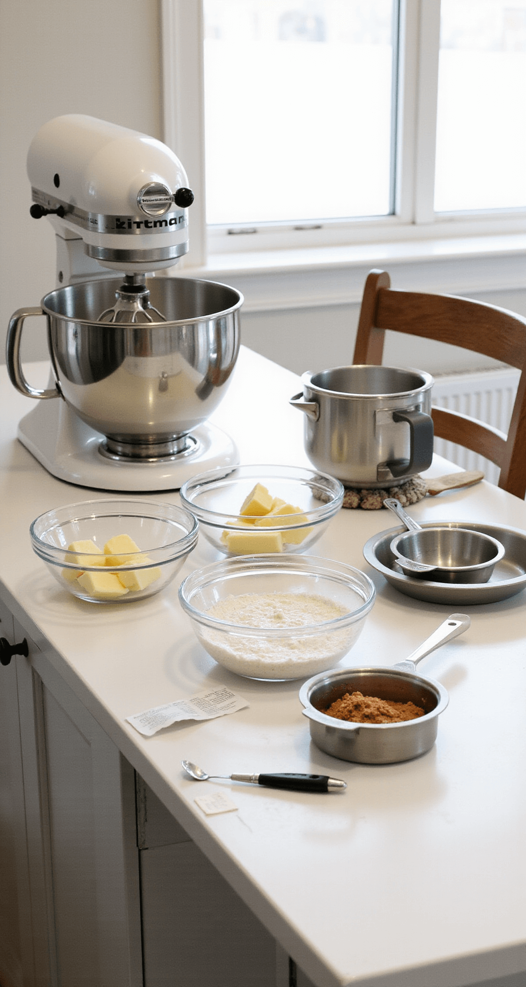 A bright, organized kitchen countertop set for baking, featuring a stand mixer, measuring cups, cake pans, and fresh ingredients in glass bowls, with a recipe card in the corner.