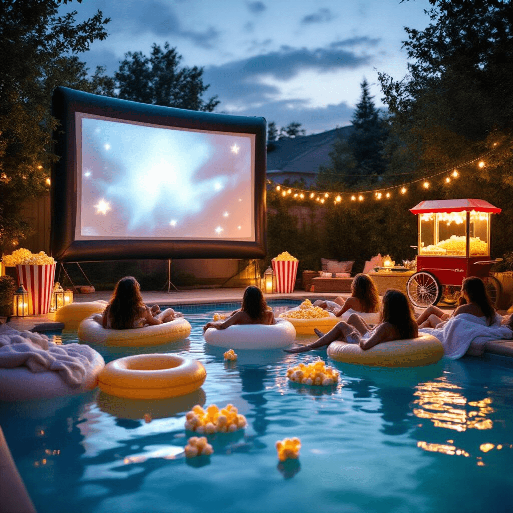 A cozy backyard movie night pool party at dusk, featuring a giant inflatable screen reflected in the calm pool, surrounded by floating popcorn-shaped toys. Guests relax in colorful pool floats and bean bags, wrapped in towels, as fairy lights and lanterns illuminate the scene. A vintage popcorn cart and candy bar add to the festive atmosphere, with excited faces glowing in the soft light of the projector.