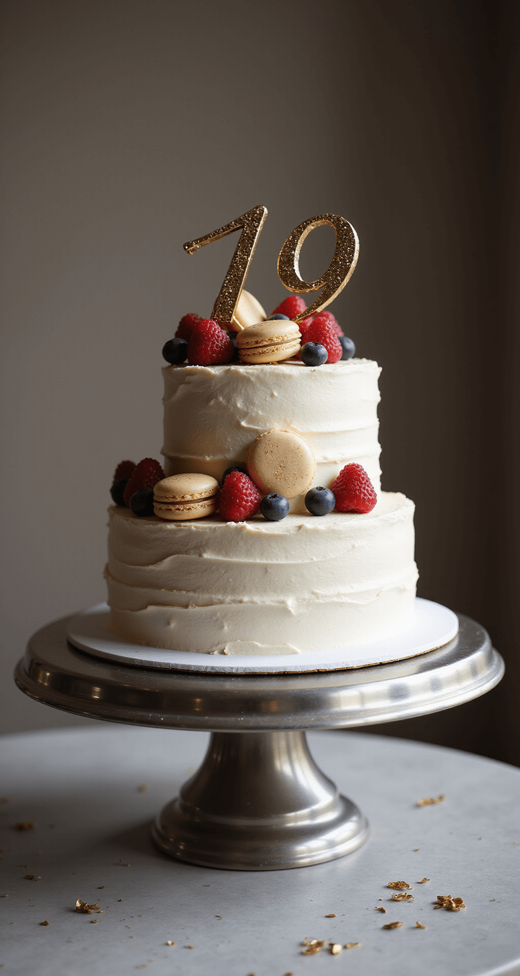 A two-layer birthday cake on a silver stand, adorned with white frosting, fresh berries, golden macarons, and a metallic '19' topper, set against a soft-focus background with sparkling edible sprinkles.