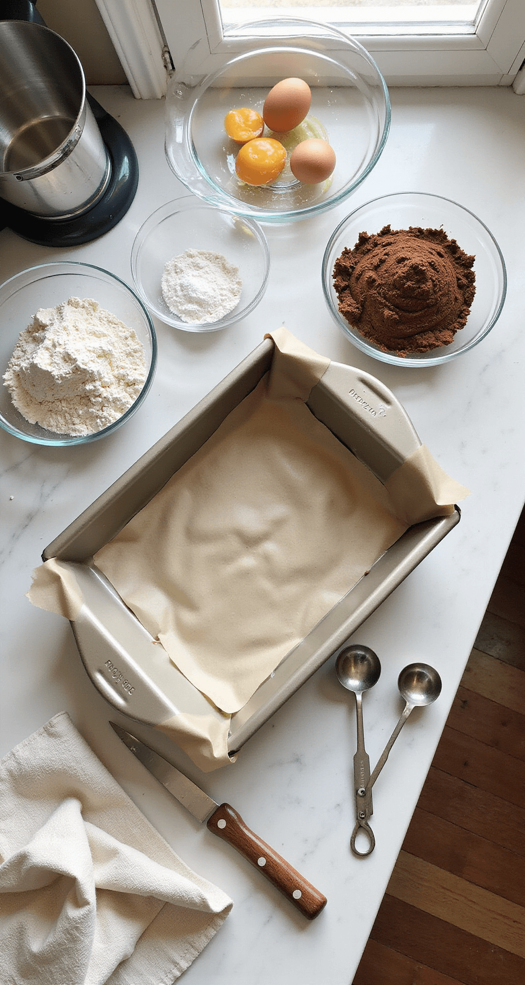 Overhead view of a pristine kitchen counter neatly arranged with baking ingredients including flour, cocoa powder, and sugar in glass bowls, alongside farm-fresh eggs and measuring cups, illuminated by natural sunlight.