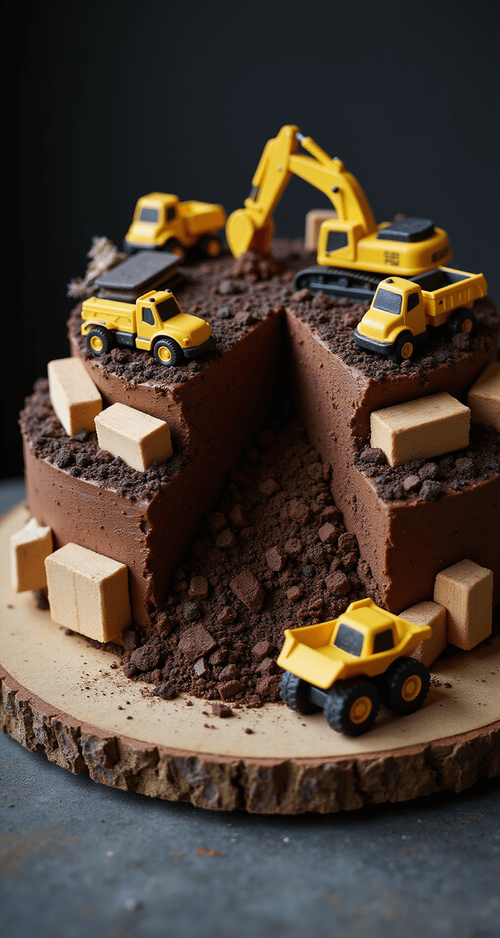 Close-up of a construction-themed cake with rich chocolate frosting textured like dirt, featuring mini yellow excavators, dump trucks, Oreo 'soil,' and chocolate rocks, set on a rustic wooden board with dramatic lighting.