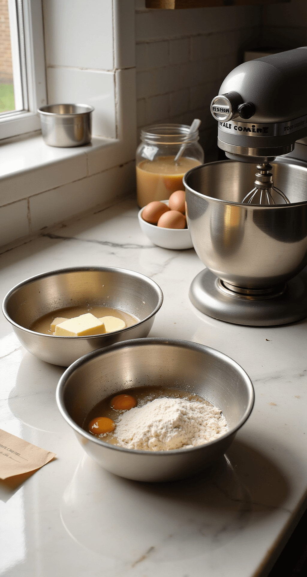 A bright professional kitchen featuring stainless steel bowls with cake ingredients neatly arranged on a marble countertop, a stand mixer nearby, two prepared cake pans, and a vintage recipe card.