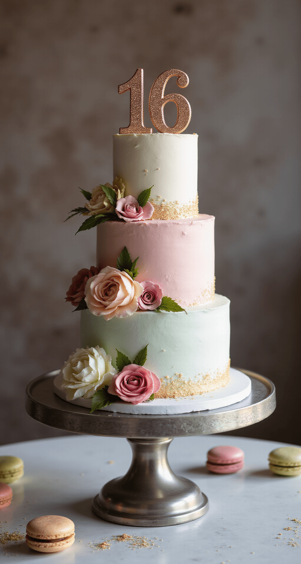 A stunning three-tiered birthday cake with smooth ombré pastel buttercream frosting, decorated with gold accents and fresh flowers, on a silver stand with a rose gold '16' topper, set against a blurred party backdrop with macarons and edible glitter.